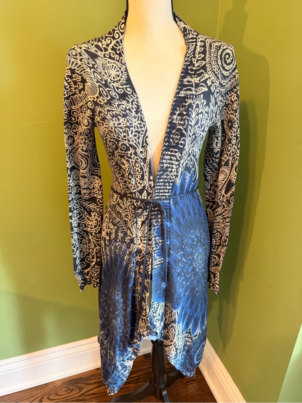 Desigual Blue Paisley Tie-Waist Long Sleeve Dress size L